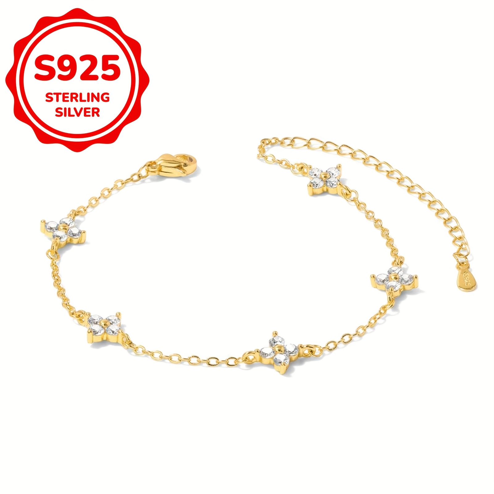 S925 Silver Sparkling Four Leaf Clover Bracelet